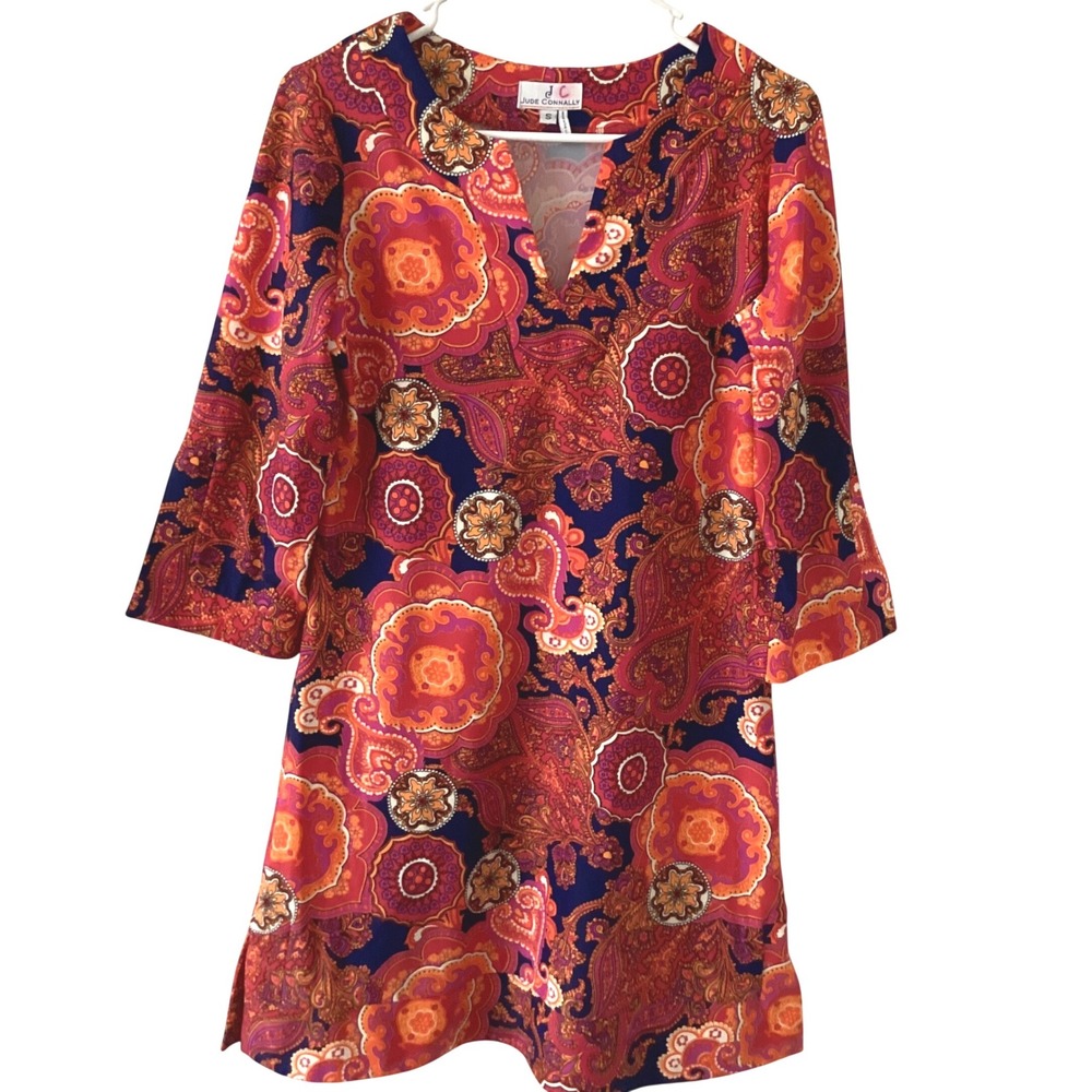 Jude Connally Paisley Print Shift Dress Orange Navy‎ Blue 3/4 Sleeve Small USA